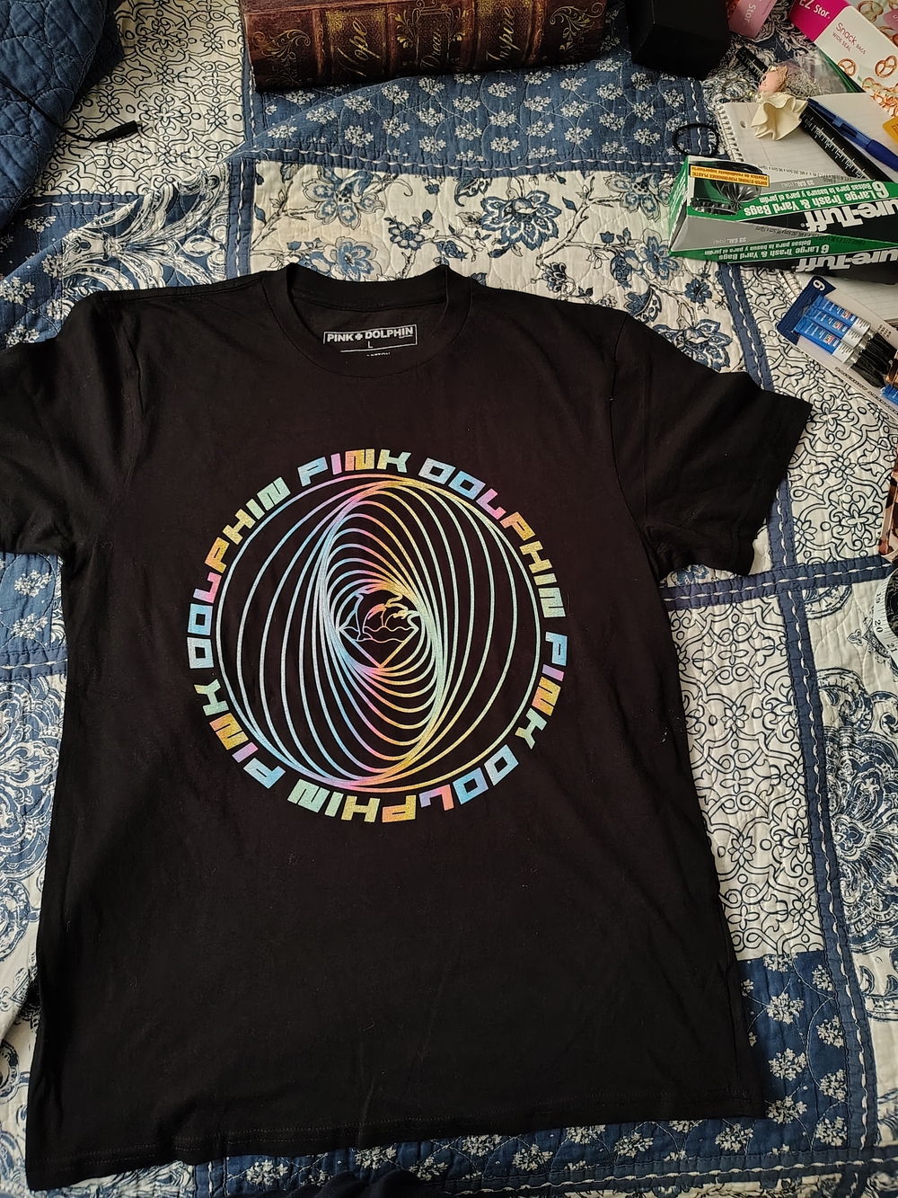 Pink Dolphin Black Tee with Rainbow Spiral Logo Size L